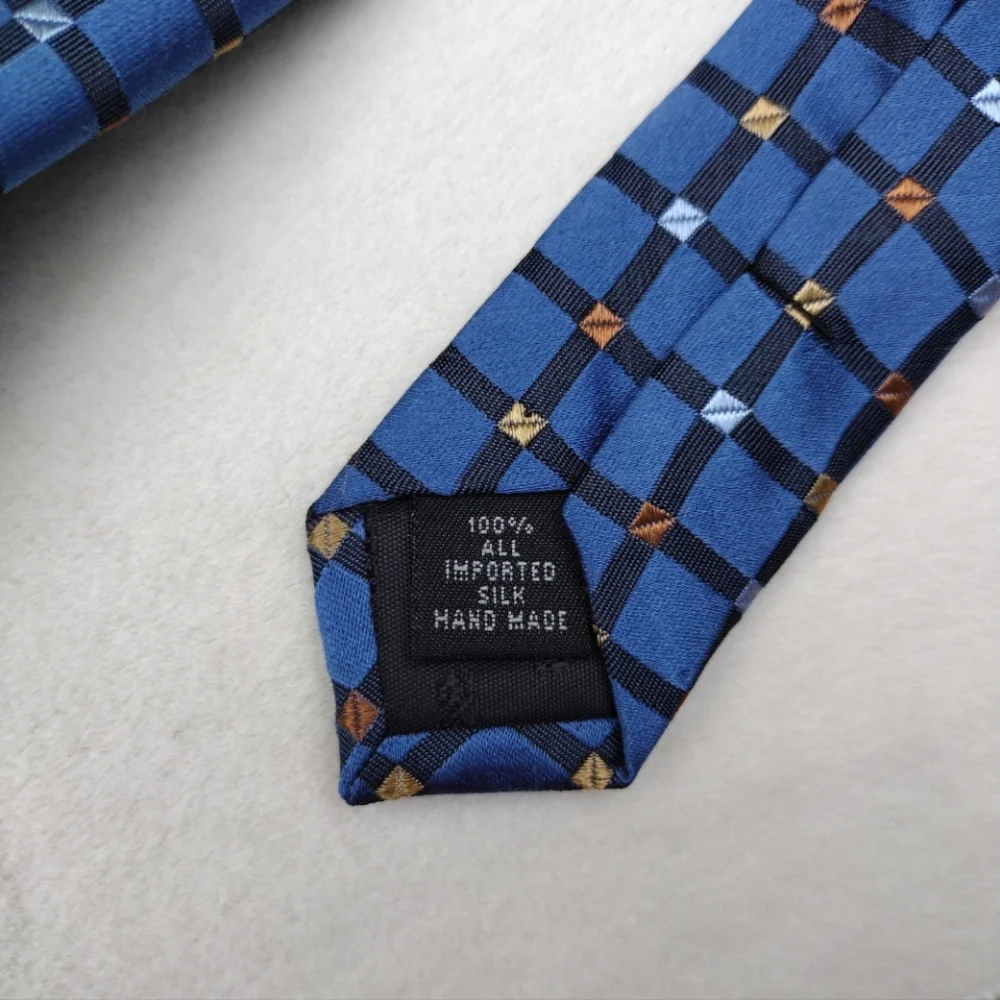 Silk Claiborne Blue, Gold, and Copper Square Geometric Tie EUC